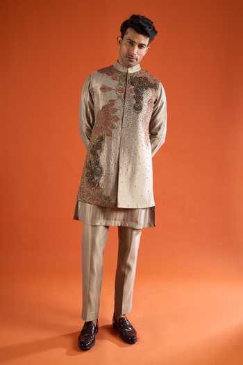 Buy_Qbik_Green Embroidery, Zari, Stones Floral Pattern Bundi And Kurta Set _at_Aza_Fashions