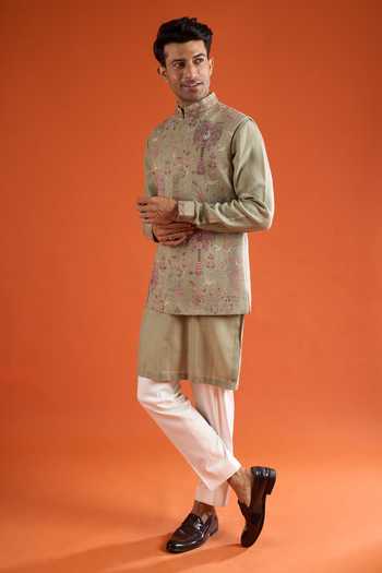 Buy_Qbik_Green Embroidery Tropical Bundi And Kurta Set _Online_at_Aza_Fashions