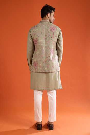 Qbik_Green Embroidery Tropical Bundi And Kurta Set _Online_at_Aza_Fashions