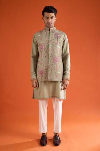 Qbik_Green Embroidery Tropical Bundi And Kurta Set _at_Aza_Fashions