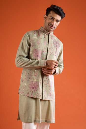 Buy_Qbik_Green Embroidery Tropical Bundi And Kurta Set 
