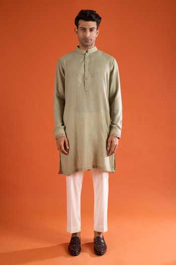 Shop_Qbik_Green Embroidery Tropical Bundi And Kurta Set 