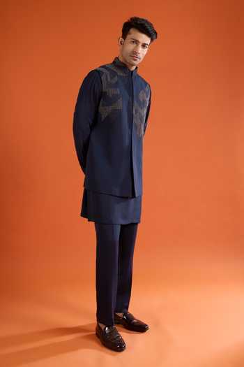 Buy_Qbik_Blue Beads Embroidered Bundi And Kurta Set _Online_at_Aza_Fashions