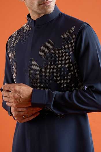 Shop_Qbik_Blue Beads Embroidered Bundi And Kurta Set _Online_at_Aza_Fashions