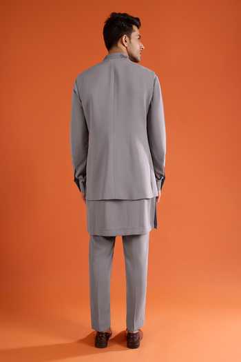 Qbik_Grey Beads Work Bundi And Kurta Set _Online_at_Aza_Fashions