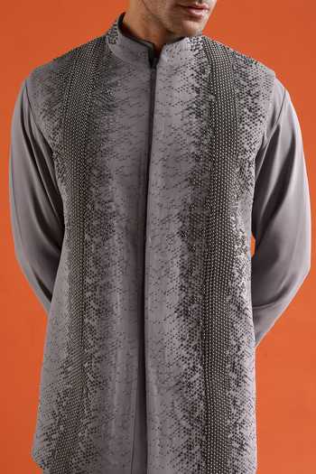 Qbik_Grey Beads Work Bundi And Kurta Set _at_Aza_Fashions
