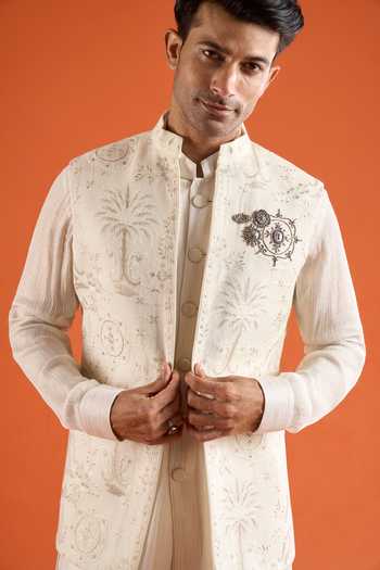 Shop_Qbik_Ivory Embroidery Thread Work Bundi And Kurta Set _Online_at_Aza_Fashions