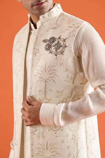 Shop_Qbik_Ivory Embroidery Thread Work Bundi And Kurta Set 