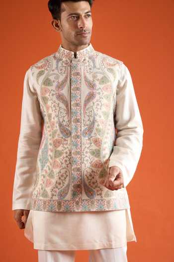Buy_Qbik_Multi Color Embroidery Paisley Bundi And Kurta Set _Online_at_Aza_Fashions