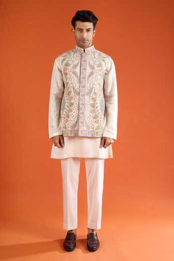 Shop_Qbik_Multi Color Embroidery Paisley Bundi And Kurta Set _Online_at_Aza_Fashions
