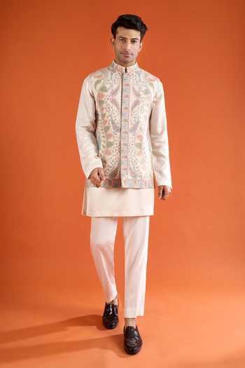 Qbik_Multi Color Embroidery Paisley Bundi And Kurta Set _at_Aza_Fashions