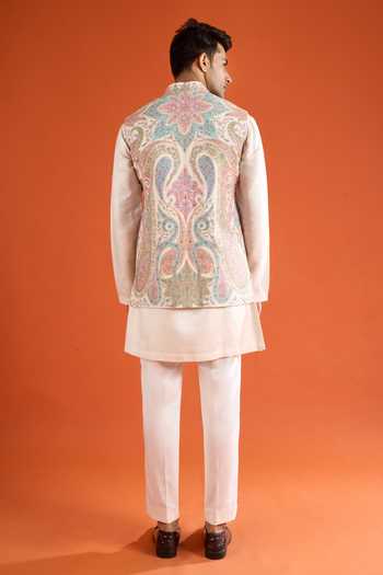 Qbik_Multi Color Embroidery Paisley Bundi And Kurta Set _Online_at_Aza_Fashions