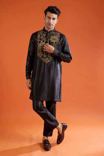 Buy_Qbik_Black Embroidery, Zari, Beads, Stones Kurta Set _at_Aza_Fashions