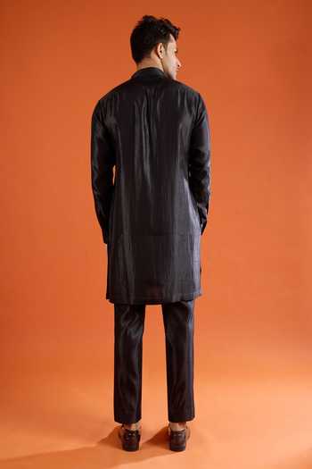 Qbik_Black Embroidery, Zari, Beads, Stones Kurta Set _Online_at_Aza_Fashions