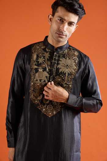 Buy_Qbik_Black Embroidery, Zari, Beads, Stones Kurta Set 