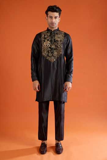 Shop_Qbik_Black Embroidery, Zari, Beads, Stones Kurta Set 