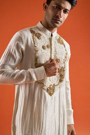 Buy_Qbik_Ivory Embroidery, Sequins, Zari Placement Kurta Set _Online_at_Aza_Fashions