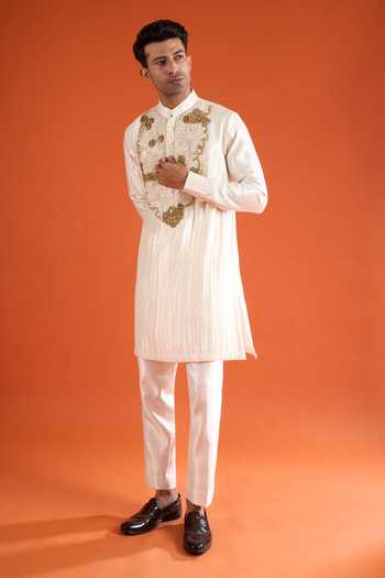 Qbik_Ivory Embroidery, Sequins, Zari Placement Kurta Set _at_Aza_Fashions