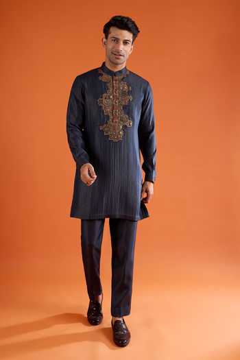 Shop_Qbik_Blue Embroidery, Stones, Mirrors Placement Embellished Kurta And Pant Set _Online_at_Aza_Fashions