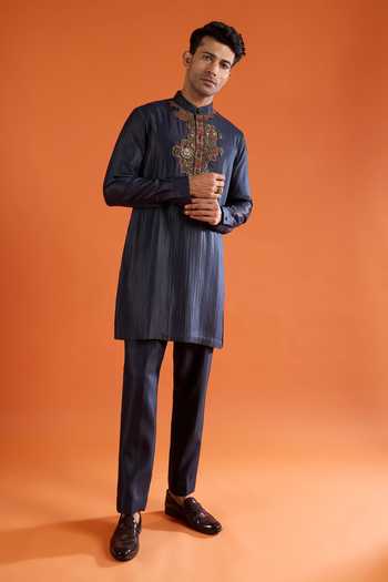 Qbik_Blue Embroidery, Stones, Mirrors Placement Embellished Kurta And Pant Set _at_Aza_Fashions