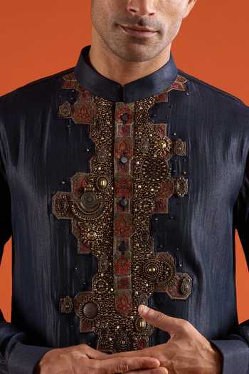 Buy_Qbik_Blue Embroidery, Stones, Mirrors Placement Embellished Kurta And Pant Set 