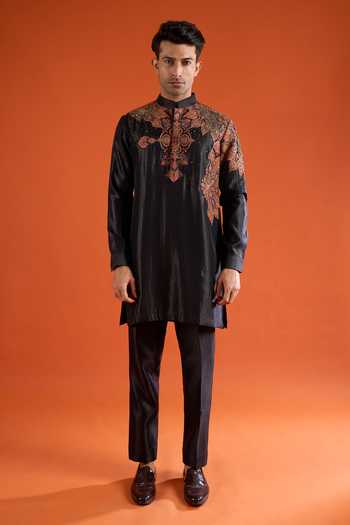 Shop_Qbik_Black Embroidery Floral Kurta Set _Online_at_Aza_Fashions