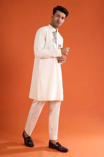 Shop_Qbik_Ivory Sequins, Beads, Pearls, Stones, Mirrors Embellished Kurta Set _Online_at_Aza_Fashions