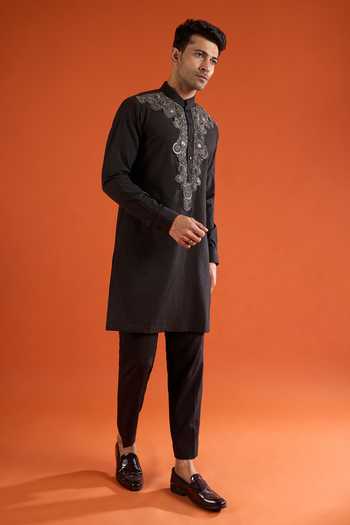 Shop_Qbik_Black Beads, Mirrors Work Kurta Set _Online_at_Aza_Fashions