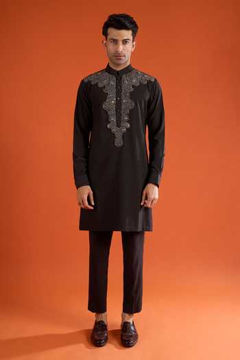 Qbik_Black Beads, Mirrors Work Kurta Set _at_Aza_Fashions