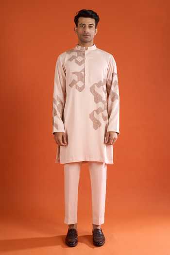 Shop_Qbik_Pink Embroidery Geometric Pattern Kurta Set _Online_at_Aza_Fashions