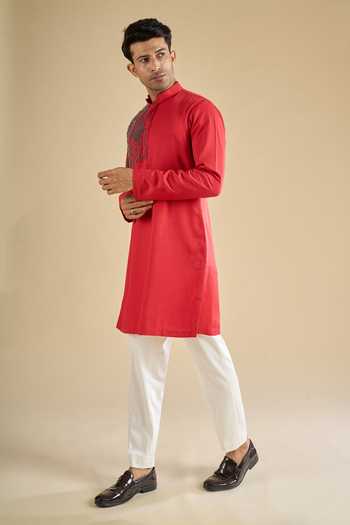 Qbik_Red Sequins Geometric Pattern Straight Kurta And Pant Set _Online_at_Aza_Fashions