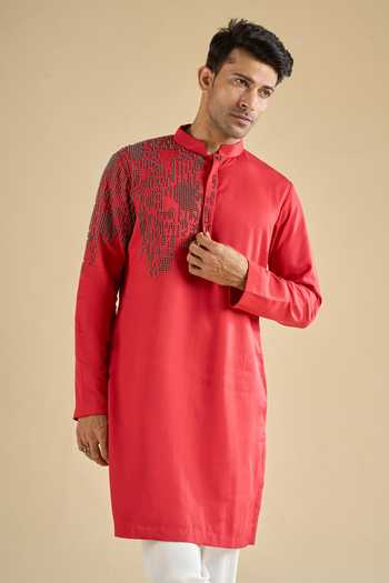 Buy_Qbik_Red Sequins Geometric Pattern Straight Kurta And Pant Set 