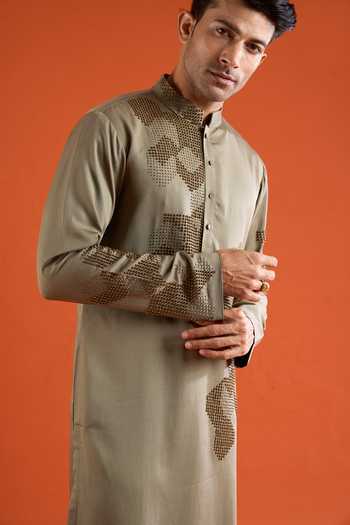 Buy_Qbik_Olive Green Embroidery Abstract Pattern Kurta And Pant Set _Online_at_Aza_Fashions