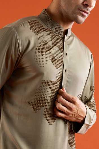 Shop_Qbik_Olive Green Embroidery Abstract Pattern Kurta And Pant Set _Online_at_Aza_Fashions