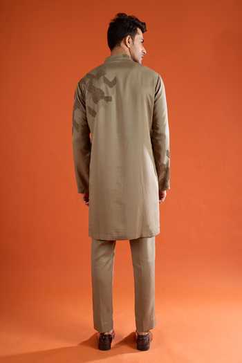 Qbik_Olive Green Embroidery Abstract Pattern Kurta And Pant Set _Online_at_Aza_Fashions