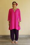 Buy_Apeksha Jain Label_Magenta Silk, Satin, Bemberg Embroidery Notched Neck Gul Kurta Salwar Set _at_Aza_Fashions