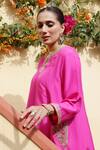 Apeksha Jain Label_Magenta Silk, Satin, Bemberg Embroidery Notched Neck Gul Kurta Salwar Set _at_Aza_Fashions