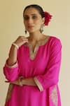Apeksha Jain Label_Magenta Silk, Satin, Bemberg Embroidery Notched Neck Gul Kurta Salwar Set _Online