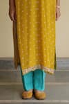 Apeksha Jain Label_Yellow Organza, Crepe, Chiffon Gota Patti V-neck Mayuri Bandhej Kurta Pant Set _Online_at_Aza_Fashions