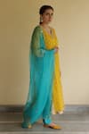 Buy_Apeksha Jain Label_Yellow Organza, Crepe, Chiffon Gota Patti V-neck Mayuri Bandhej Kurta Pant Set _Online_at_Aza_Fashions