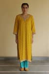 Shop_Apeksha Jain Label_Yellow Organza, Crepe, Chiffon Gota Patti V-neck Mayuri Bandhej Kurta Pant Set _Online_at_Aza_Fashions