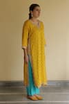 Apeksha Jain Label_Yellow Organza, Crepe, Chiffon Gota Patti V-neck Mayuri Bandhej Kurta Pant Set _at_Aza_Fashions