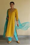 Buy_Apeksha Jain Label_Yellow Organza, Crepe, Chiffon Gota Patti V-neck Mayuri Bandhej Kurta Pant Set _at_Aza_Fashions