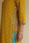 Shop_Apeksha Jain Label_Yellow Organza, Crepe, Chiffon Gota Patti V-neck Mayuri Bandhej Kurta Pant Set 