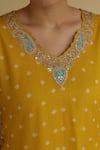 Apeksha Jain Label_Yellow Organza, Crepe, Chiffon Gota Patti V-neck Mayuri Bandhej Kurta Pant Set _Online