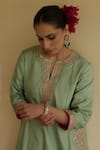 Apeksha Jain Label_Green Silk, Satin Embroidery V-neck, Yes Hridya A-line Kurta Set _at_Aza_Fashions