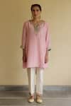 Apeksha Jain Label_Pink Silk, Organza, Chanderi Embroidery V-neck, Yes Inayat A-line Kurta Set _Online