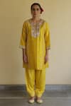 Apeksha Jain Label_Yellow Silk, Organza, Satin, Bemberg Zaalima Embroidered Kurta Dhoti Pant Set _Online_at_Aza_Fashions