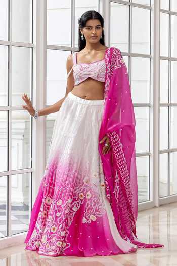 Buy_HOUSE OF ARMUSE_Pink Organza Beads, Sequins, Embroidery, Stones, Metallic Ombre Lehenga Set _at_Aza_Fashions