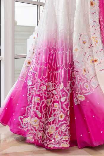 HOUSE OF ARMUSE_Pink Organza Beads, Sequins, Embroidery, Stones, Metallic Ombre Lehenga Set _at_Aza_Fashions